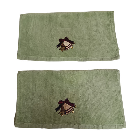 Set of 2 Holiday Washcloths Sage Green Christmas Bells Rustic Lodge Cabin 12" - Picture 8 of 9